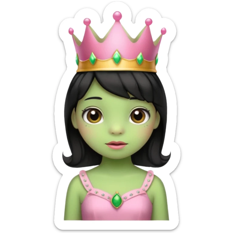 frog with black hair and short bangs with a crown pink bow and pink princess dress sticker