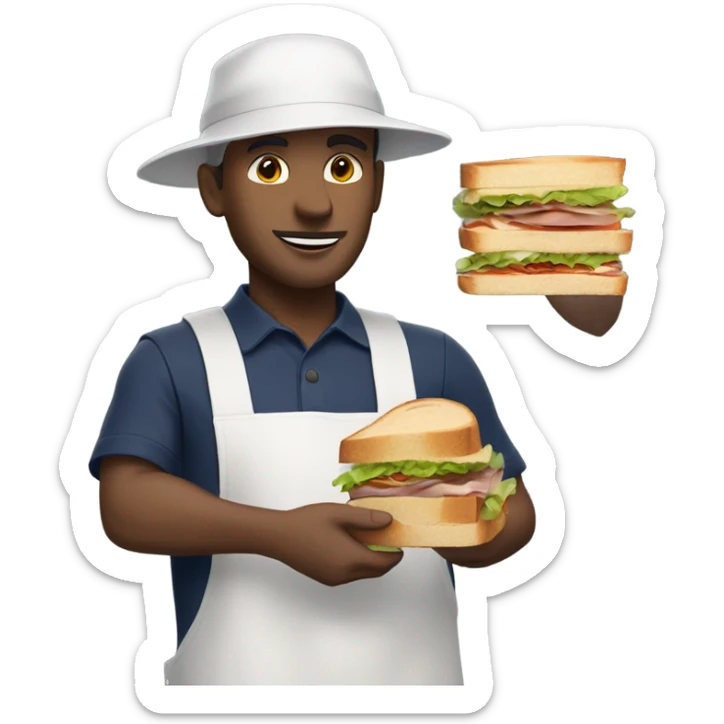 White Male man worker with white shirt and navy apron with khakis and hat holding a sandwhich sticker