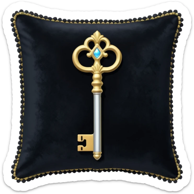 A Discord emoji of a black velvet cushion holding a glowing silver key. Ornate, royal gothic style, simple and clean for small scale, white background. sticker