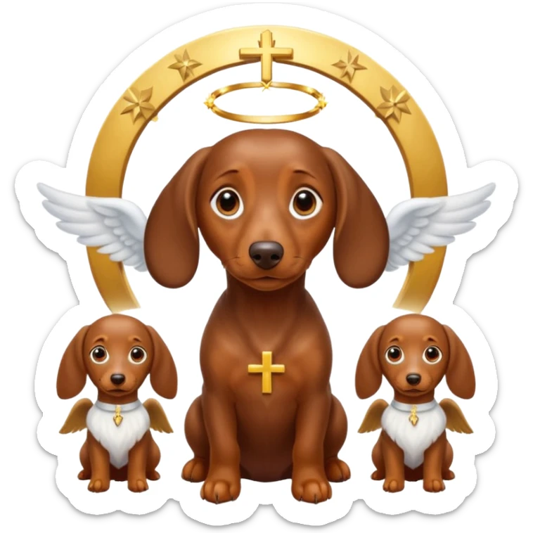 Brown dachshund with big eyes and a large cross above a halo atop his head. Next to the halo are three small brown dachshunds as angels. This should look religious  sticker