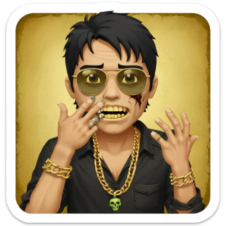 cabelo liso desordenado negro homen con aparencia de zombi y que haga un gesto mostrando los dientes de oro que se agarre la boca con la mano y que sea color piel, ponle unas gafas brasileñas, una camisa negra y que tenga cadenas de oro sticker
