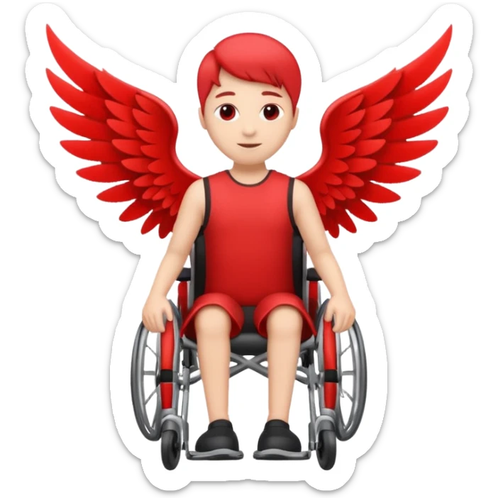 "A simple, red icon of a person in a wheelchair with stylized wings on their back, modern logo design, emoji style, white background" sticker