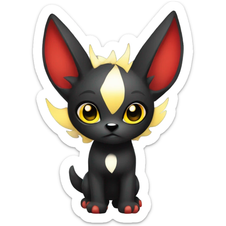 black Shiny Fionbri-Falvie-sparkle-sona with yellow eyes, red edgy markings full body fursona sticker