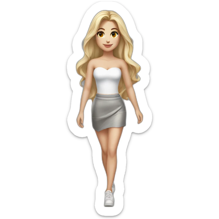 hyperrealistic caucasian long blonde hair brown perfect eyes woman white v-neck strapless top gray tight mini skirt walking towards camera sticker