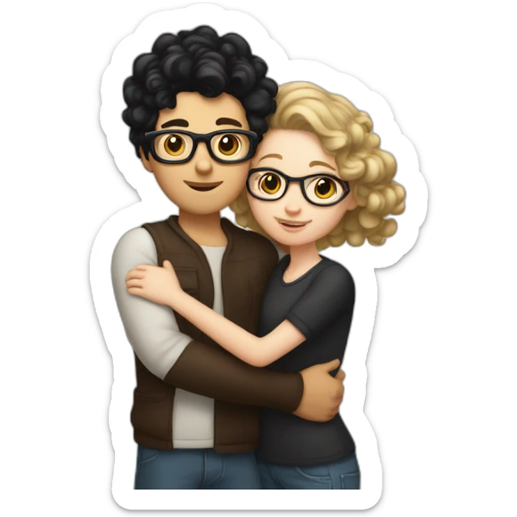  a white Boy with black hair and curlers, and with glasses on, and a white girl with long brown hair hugging each other sticker