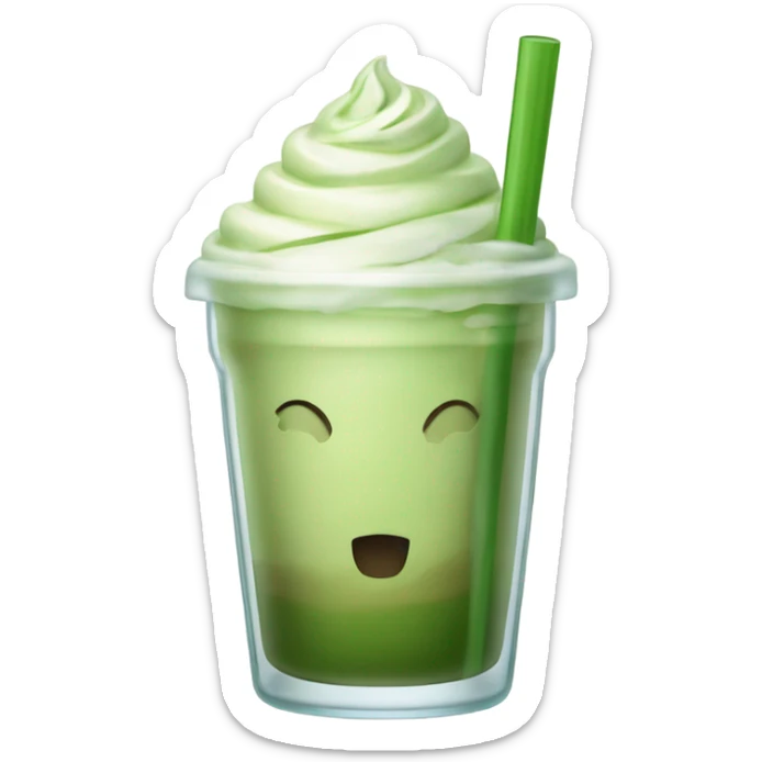 Matcha latte drink in rounded glass with ice and glass straw that folds towards you sticker