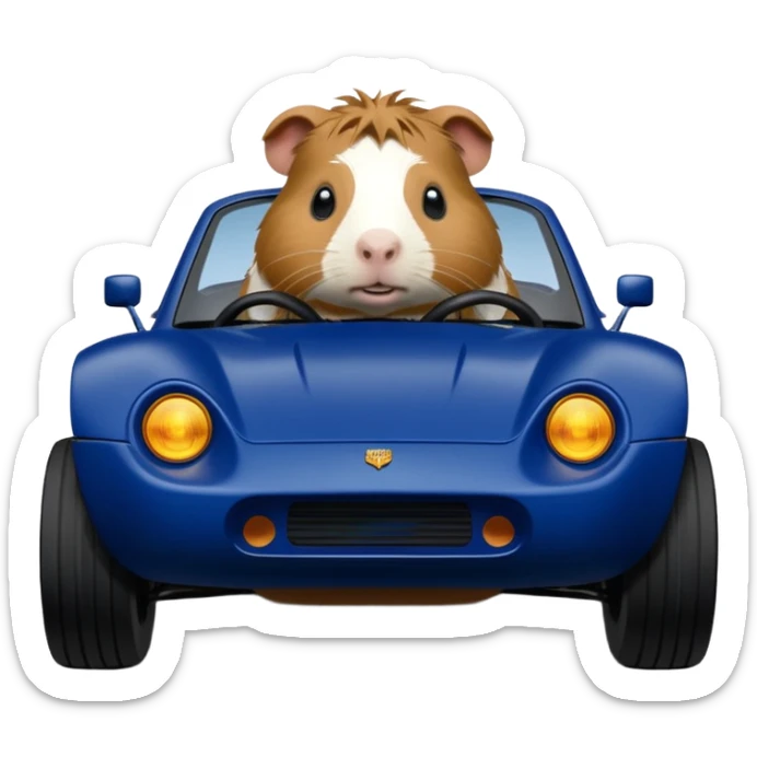 After-race-dirt-covered Midnight blue Local Motors Rally Fighter off road race car being driven by a five foot tall Guinea pig  sticker