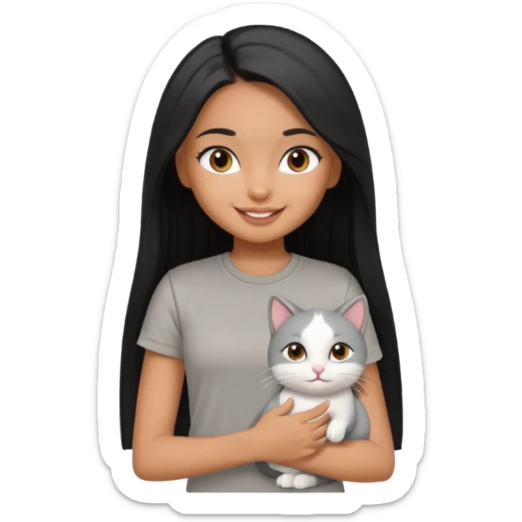 a pretty tan bratz girl with black long straight hair, wearing a grey tshirt smiling and holding a white cat\ sticker