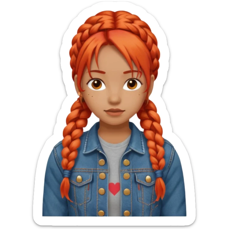 red orange braids hair girl, wear jean jacket sticker