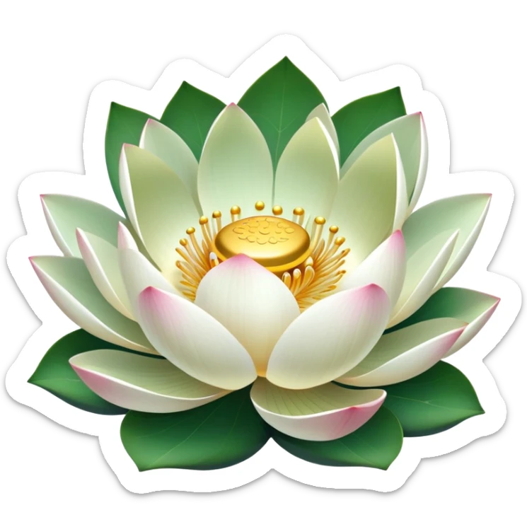 Lotus flower in full bloom with white petals and golden center, round green leaf sticker