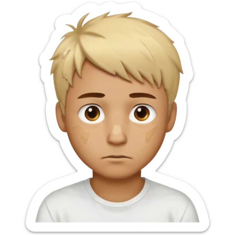 Male with short, messy blonde hair, large expressive golden-brown eyes, brown skin color, scar over nose, wearing a plain white t-shirt. sticker