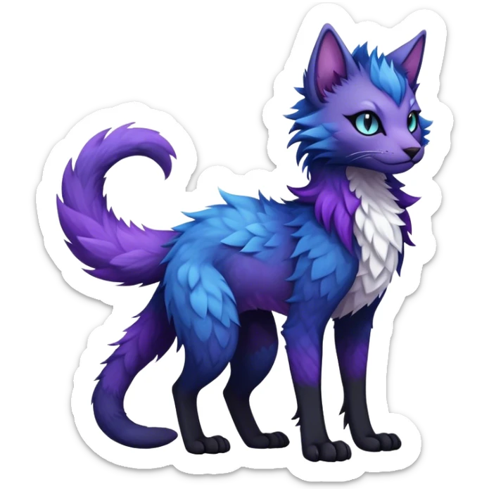 Kawaii dark black and blue and purple edgy fantasy ethereal feline-vernid-sergal-fursona animal creature with a tufted tail full body sticker