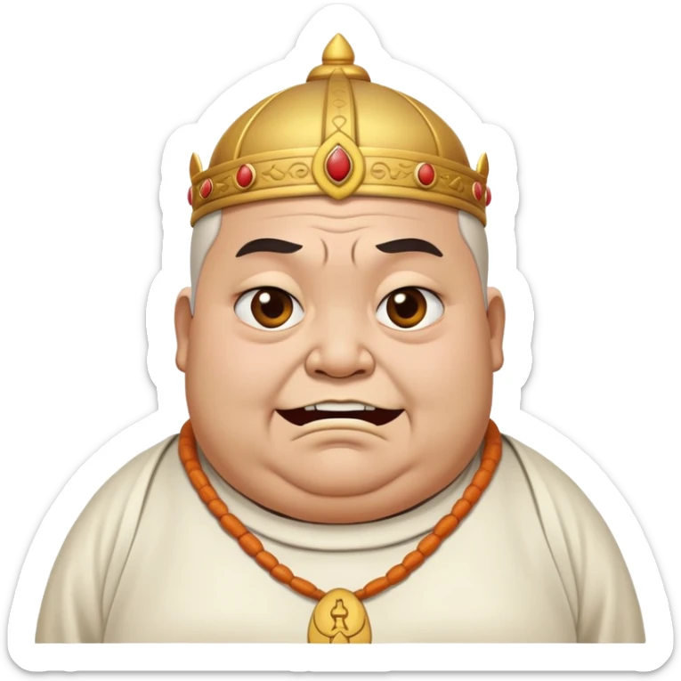 fat temple priest with a scary look and a closed, troubled smile, focus on facial expression sticker