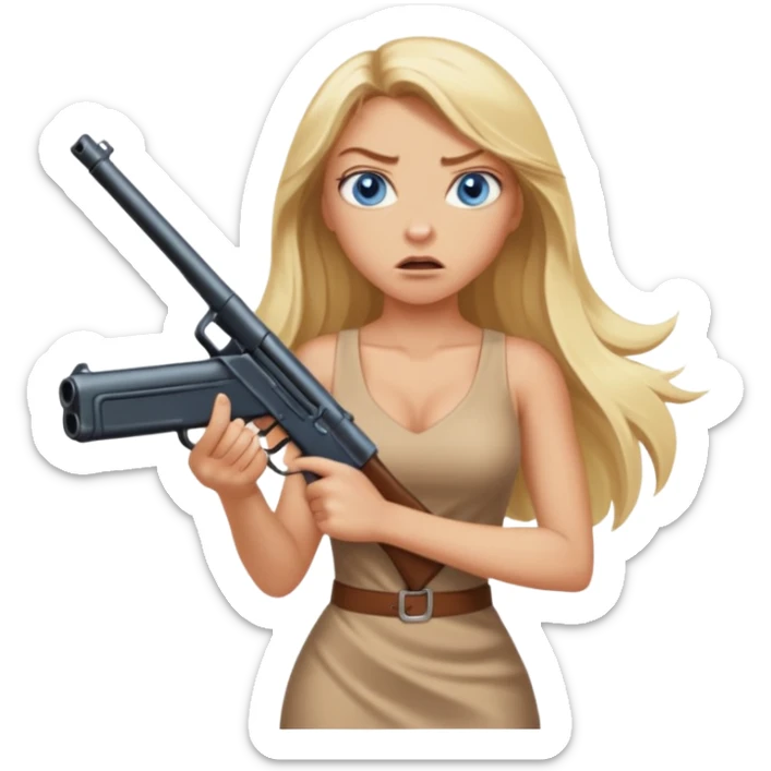 Sexy Beautiful  blue eye blonde Long Hair Gangsta girl in a hot Dress Looks angry  with a big gun sticker