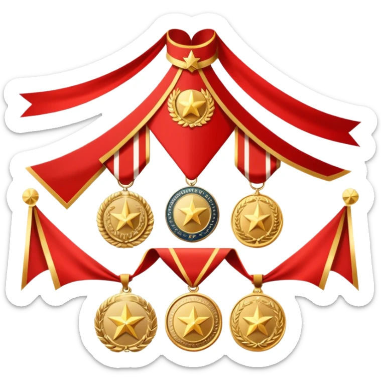 Icon for Collecting Orders, Medals & Badges: a variety of vintage orders, medals and badges, displayed neatly on a big red pennant or in a display case. The icon should reflect the honor and historical significance of these collectible items. Transparent background. sticker