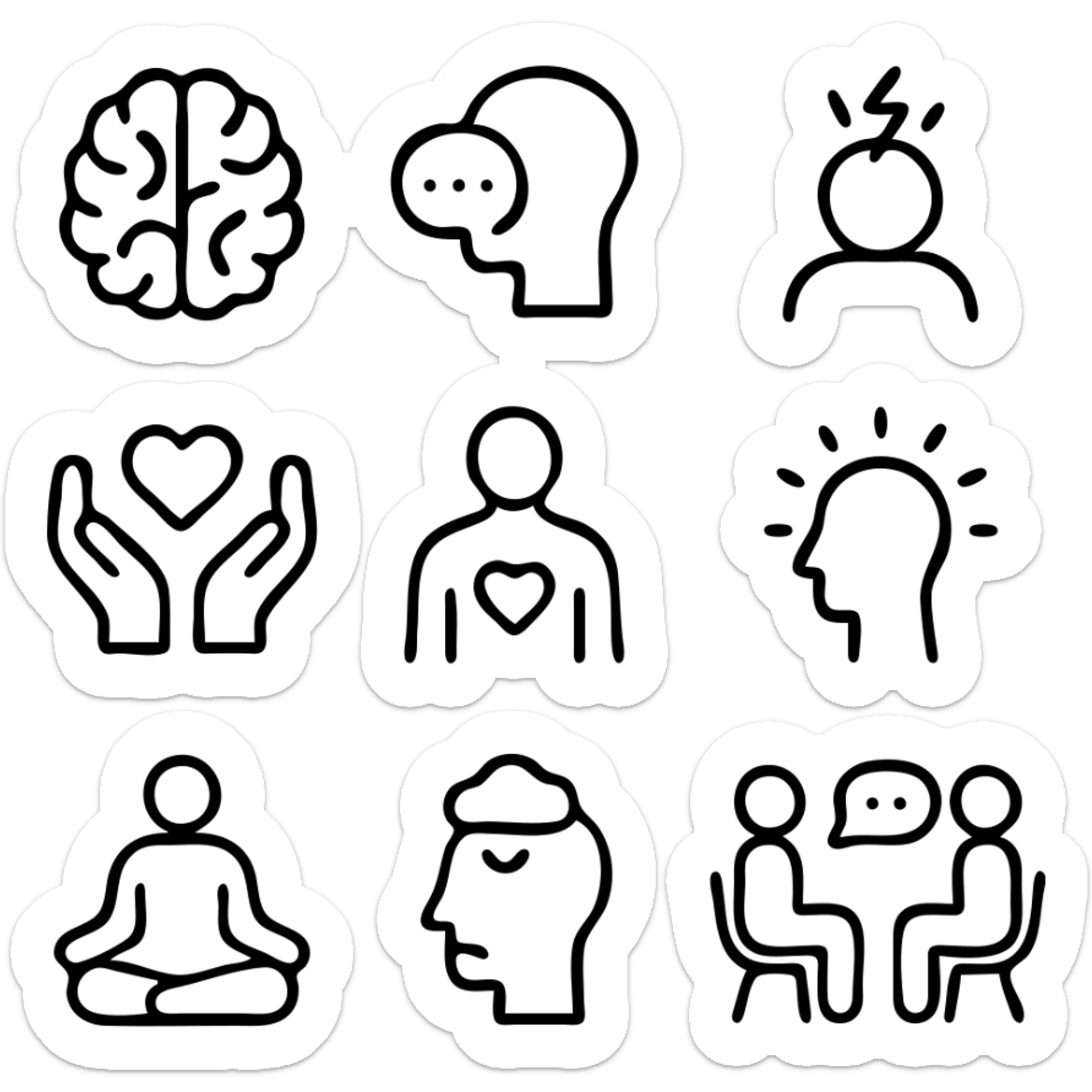 Mental Health icon set. Wellness and psychology related line icons: brain, therapy, stress, support, self-care, mindfulness, meditation, depression, counseling and emotion . Editable stroke.
 sticker