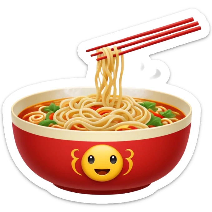 Chinese cuisine humanless avatar in bright emoji-style illustration. Noodles bowl, red and gold colors, simple shapes, flat design, bold and energetic. sticker