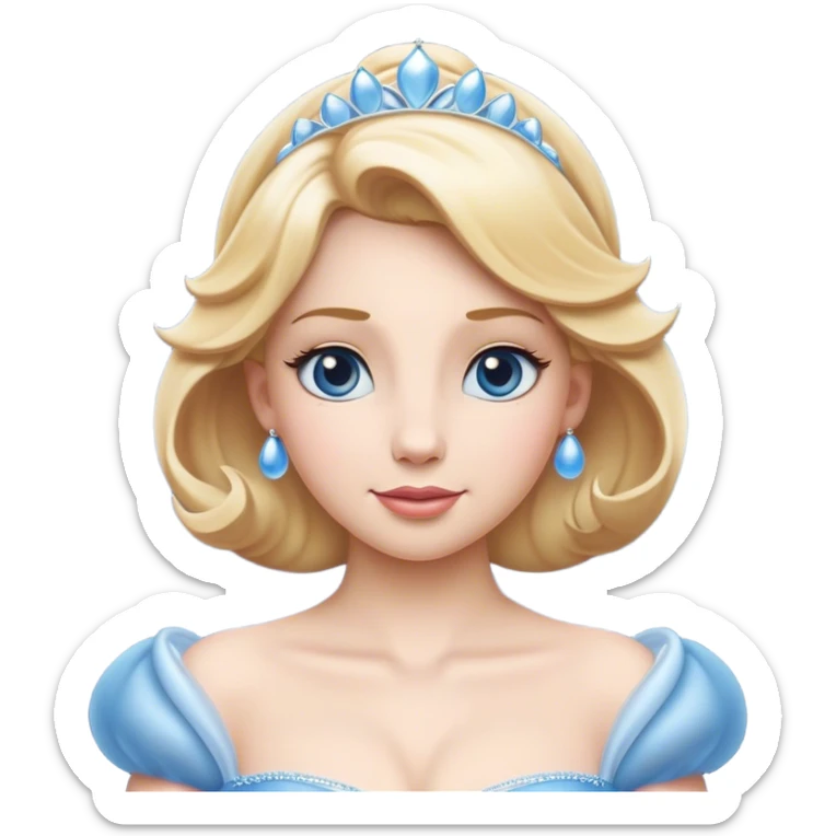 Cinematic Elegant Cinderella Portrait Emoji, rendered in a beautifully detailed, vector-style with minimal shading and bold, simplified shapes. Depict Cinderella in her classic ball gown (chest and above) with fair, porcelain skin and elegantly styled blonde hair, her eyes soft and kind, and her expression serene and graceful. The design glows with a gentle, enchanting radiance and high shine, capturing the timeless beauty of a fairy tale princess. sticker