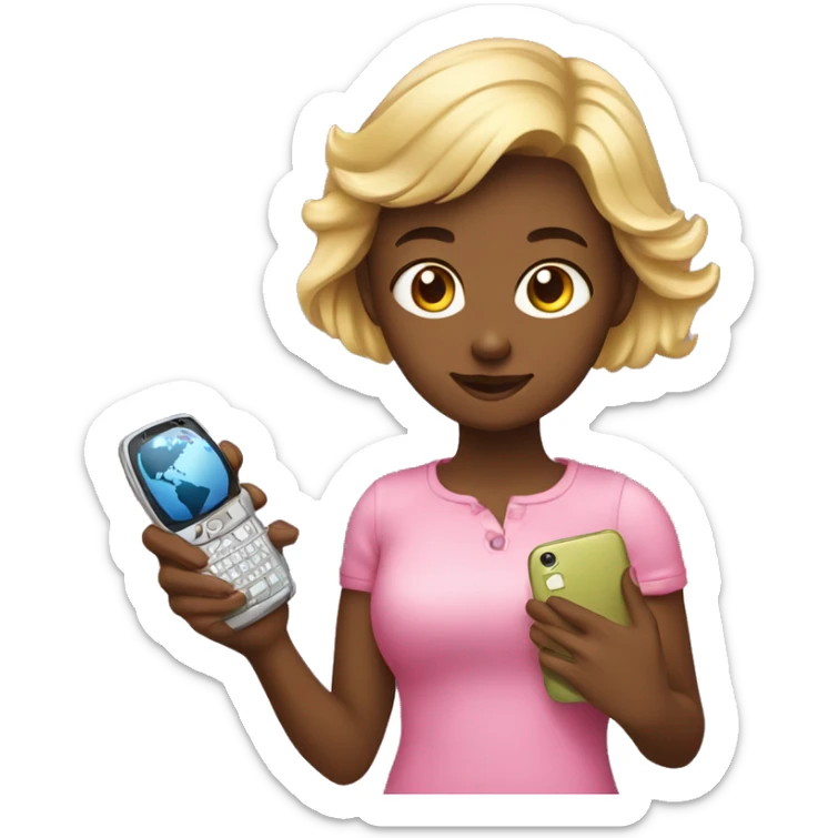 portrait emoji of a girly girl holding a phone and a globe with internet hovering above the phone  sticker