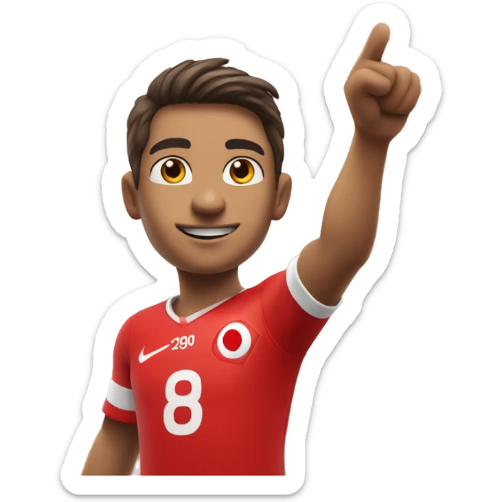 A young Turkish football player holds his jersey emblem with his right hand, points the sky with his left hand sticker
