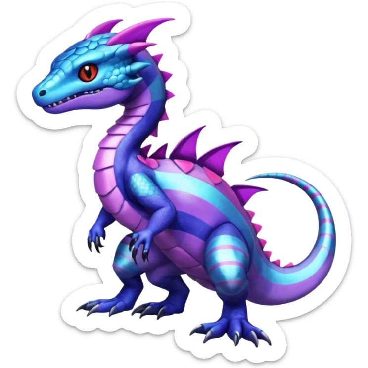 Cute Shiny striped iridescent cyan indigo blue violet Guilmon-Salandit-Fakémon-hybrid-creature (full body)  sticker