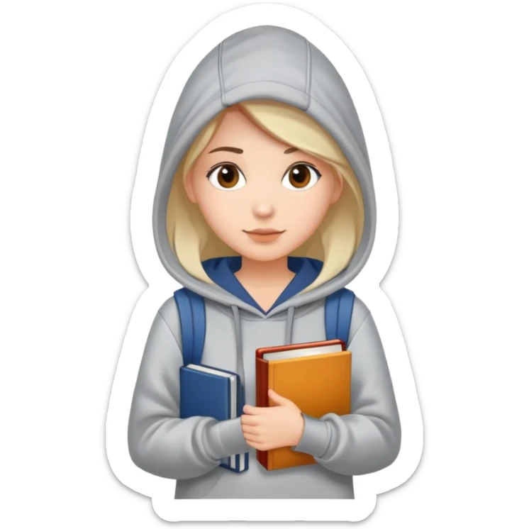 A woman college student with a tote bag over her shoulder and a book in one hand. The student wears a hoodie. sticker