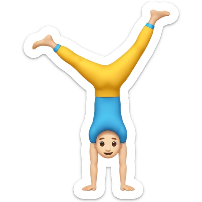 "3D man emoji doing a handstand, cheerful, colorful cartoon style, bright vibrant colors, simple background." sticker