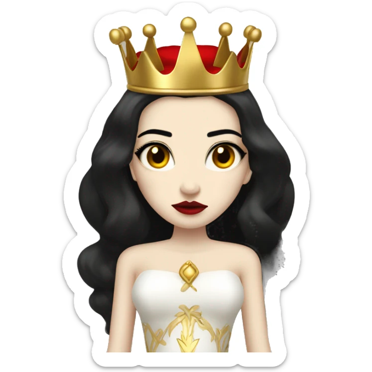 Queen with pale skin, long black hair, bright red lips, skinny gold crown, white dress, and evil stare.  sticker