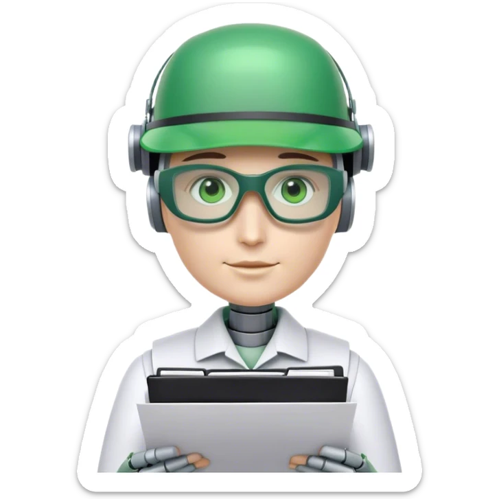human like robot bookkeeper wearing Green eyeshades visor used by accountants and holding spreadsheets sticker