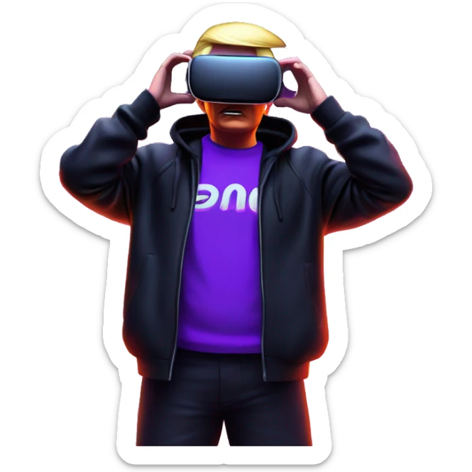 Donald Trump wearing a black hoodie with "OMG" letters on it and VR headset oculus quest 2 in a cyberpunk VR environment with violet neon lighting. sticker