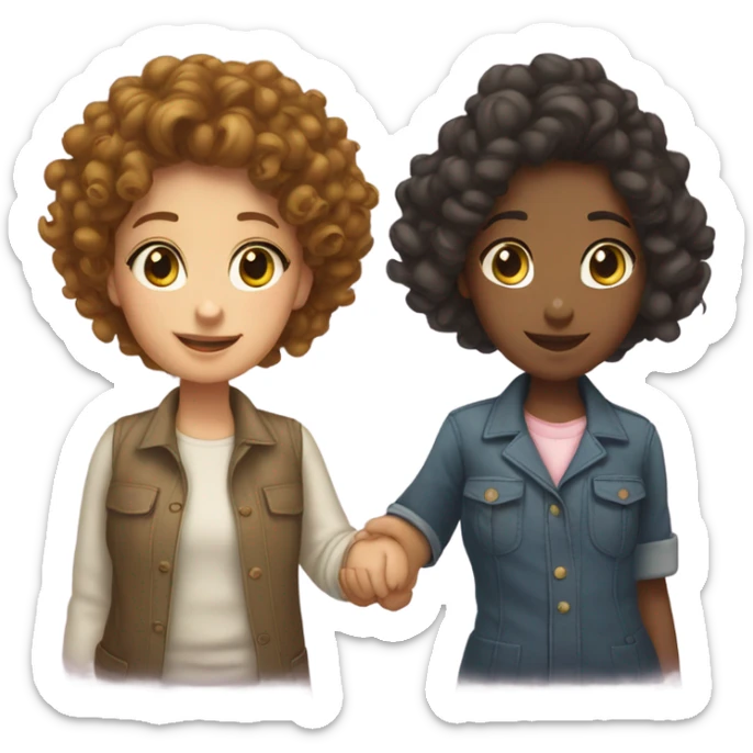 Two girls standing up holding hands one masculine with a curly bun and one feminine with curly hair sticker