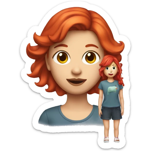 A funny girl with a tuna t shirt and red hair and shoes sticker