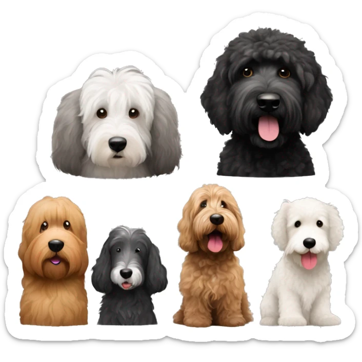 Black goldendoodle, brown golden doodle, old English sheepdog, and a black goldendoodle  sticker