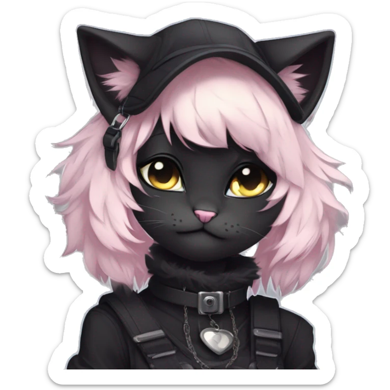 Gorgeous furry dark techwear anime style anthro black cat fursona with blushing face aesthetic and pretty edgy black with collar and harness trending style sticker