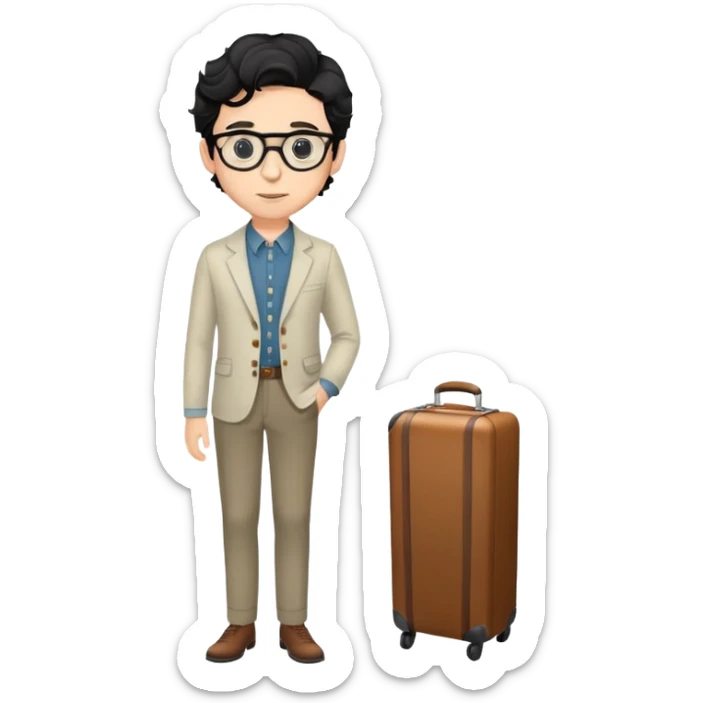 Young caucasian man with black wavy hair, round glasses, wearing semi-formal attire for theater - button-up shirt, blazer, nice pants sticker