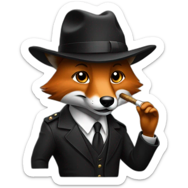 Un renard en costume noir avec une casquette plate avec un un cigare cigare sticker