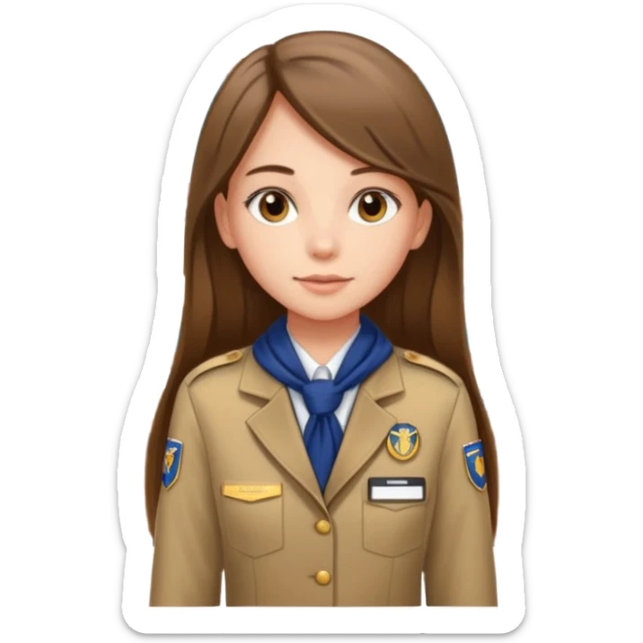 Young girl, long brown straight hair, wearing uniform jacket with hotel name badge, tasteful scarf, stand behind the desk

 sticker