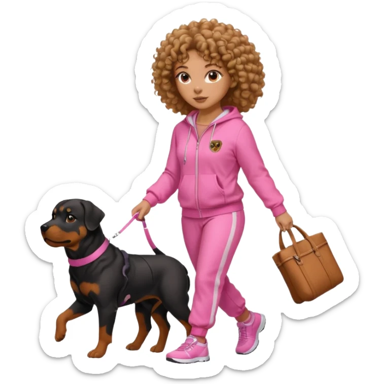 African american curly haired woman in all pink tracksuit walking big Rottweiler dog sticker