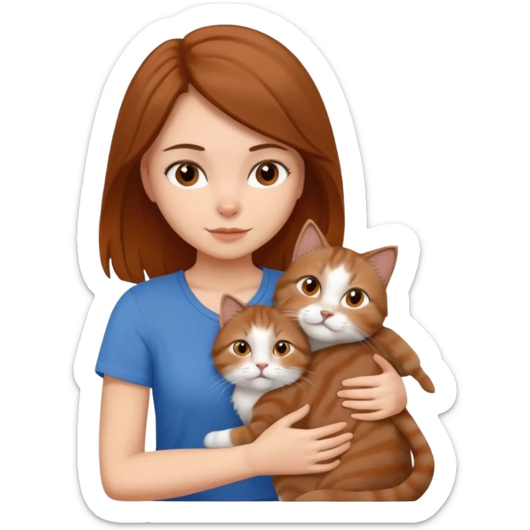 a white girl with brown and hair and a blue top hugging a siberian cat color brown, orange, gray, mixed colors sticker