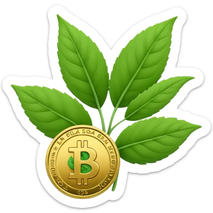 Crea un emoji que sea una hoja botánica (como un brote o una ramita de salvia) con un pequeño símbolo de dólar o una moneda de oro integrada en el centro. Estilo orgánico y profesional. sticker