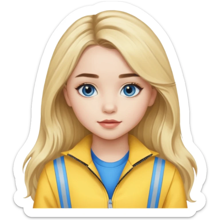 Sabrina Carpenter blue eyes, long blonde hair, yellow tour outfit sticker