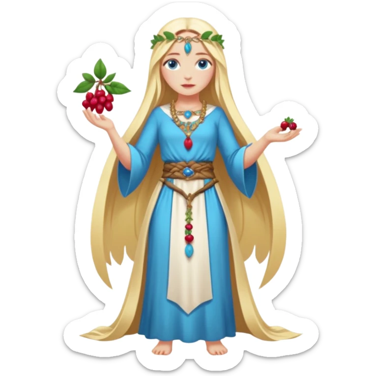 full body woman long blonde hair blue eyes white skin fruit priestess with berry belt and leaf jewelry sticker
