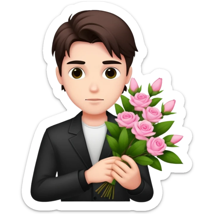 A cool bad boy with fair skin holding a bouquet of pink jasmine roses sticker