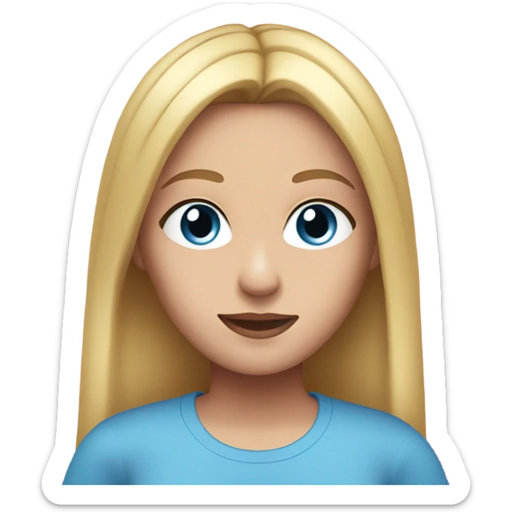  girl with long straight blonde hair, blue eyes, she wear so much make-up, has a pink t-shirt sticker