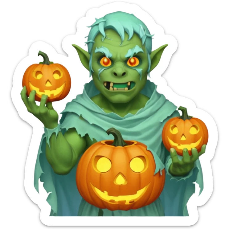 male orc ghost emoji, green skin, tusks, wearing torn white ghost sheet costume, holding glowing jack-o'-lantern, faint blue aura, friendly but spooky expression, Halloween fantasy theme, Apple emoji style, clean white background, square sticker