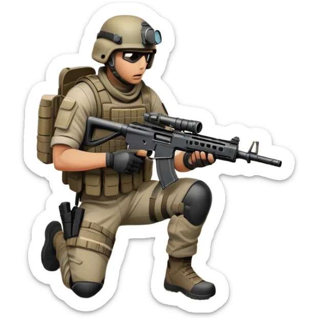 A skilled airsoft player in tactical gear, aiming a gun and shooting metal BBs in a desolate, ruined landscape. The setting is filled with broken walls and debris, creating a tense atmosphere of strategy and precision in a high-stakes tactical environment sticker