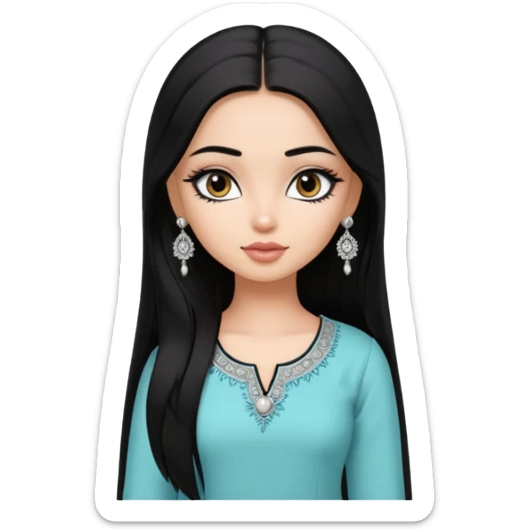 generate a pretty bratz girl wearing a kurti, eyeliner on, long straight hair, silver jhumkas in ear sticker
