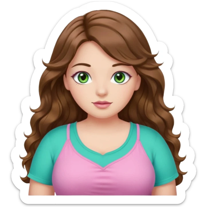 Girl girl long wavy brown hair, green/blue/gold eyes, plus size, pink girly top, eyelashes sticker