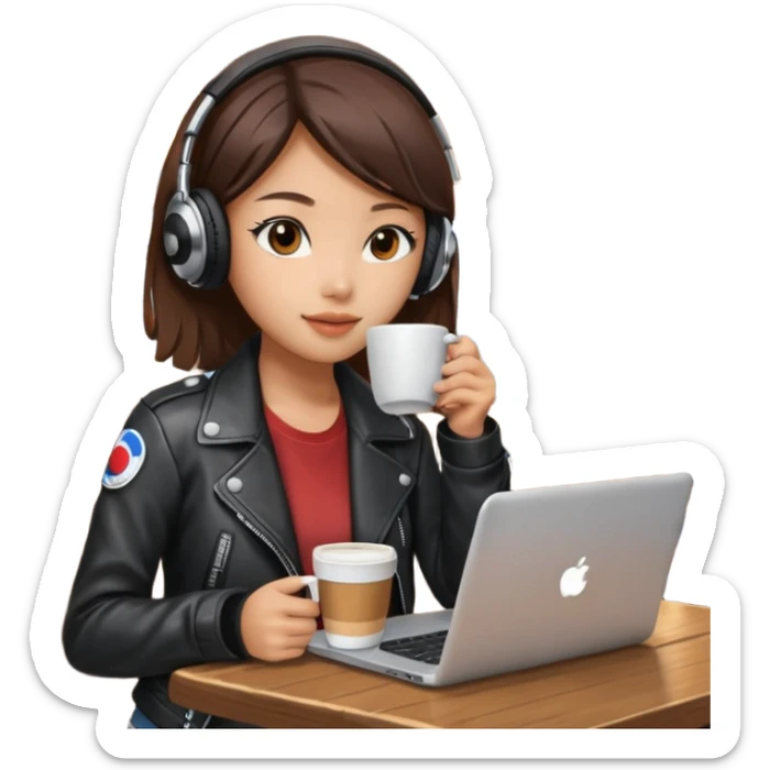 A Korean girl at a dive bar with a laptop and headphones on holding a cup of coffee sticker