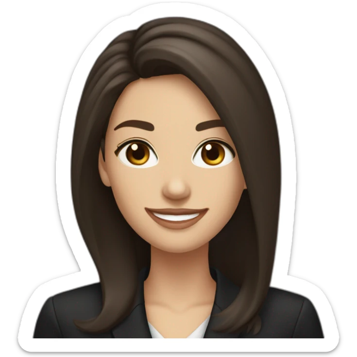 Caucasian Woman with voluminous long dark brown hair, dark brown eyes, pretty smile, dressed with a black blazer sticker